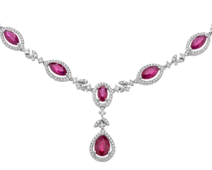 Naszyjnik z białego złota z brylantami i rubinami - próba 585