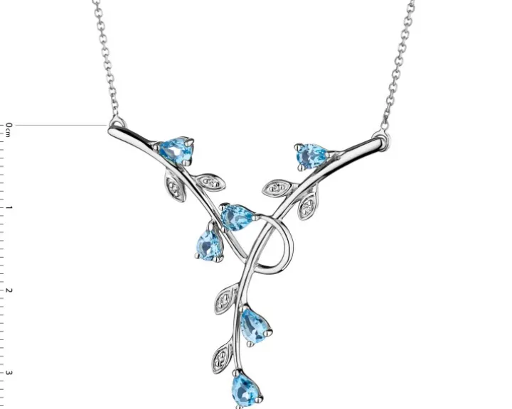 Naszyjnik z białego złota z diamentami i topazami - liście - próba 375
