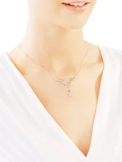 Naszyjnik z białego złota z diamentami i topazami - liście - próba 375