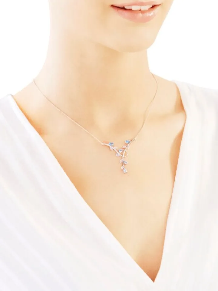 Naszyjnik z białego złota z diamentami i topazami - liście - próba 375