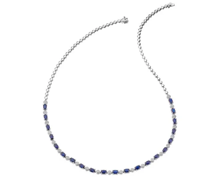 Naszyjnik z białego złota z diamentami i szafirami - 43 cm - próba 585