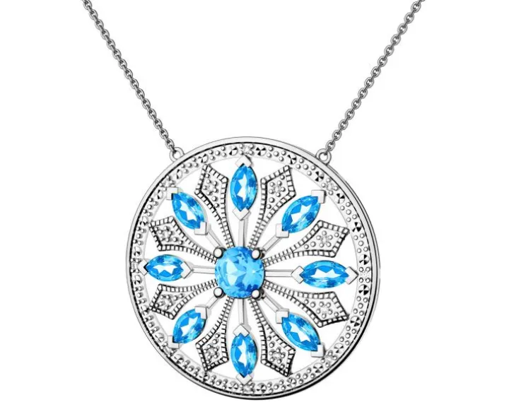 Naszyjnik z białego złota z diamentami i topazami - rozeta - próba 585
