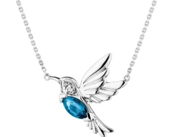 Naszyjnik z białego złota z diamentami i topazem London Blue - koliber - próba 375