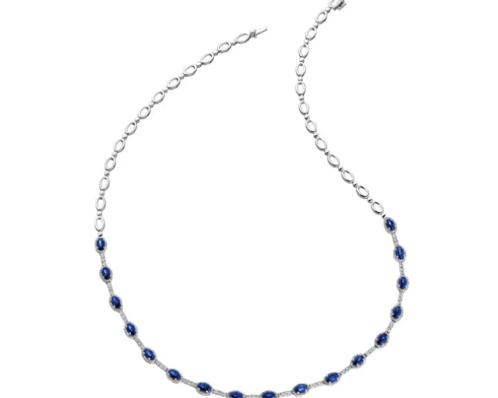 Naszyjnik z białego złota z diamentami i szafirami - 43 cm - próba 585
