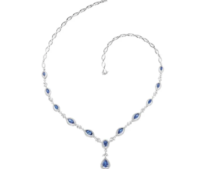 Naszyjnik z białego złota z brylantami i szafirami - próba 585