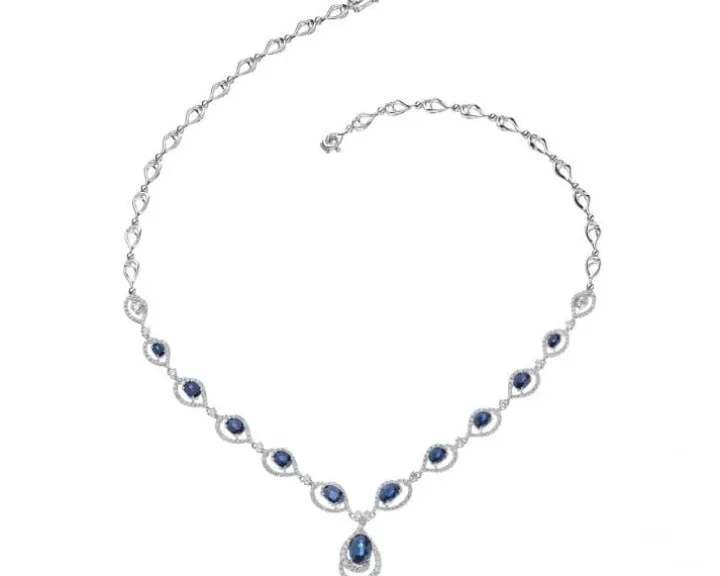 Naszyjnik z białego złota z brylantami i szafirami - próba 585