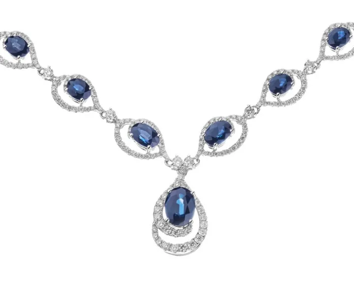 Naszyjnik z białego złota z brylantami i szafirami - próba 585