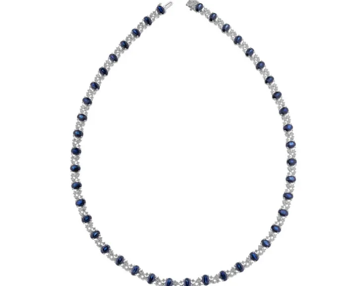 Naszyjnik z białego złota z brylantami i szafirami - 43 cm - próba 585