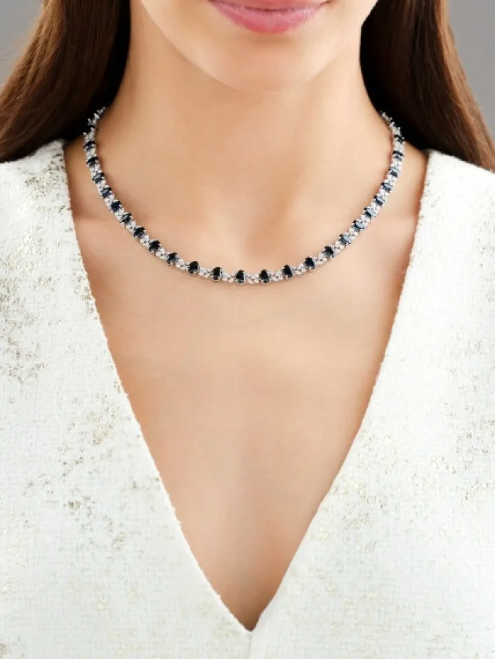 Naszyjnik z białego złota z brylantami i szafirami - 43 cm - próba 585