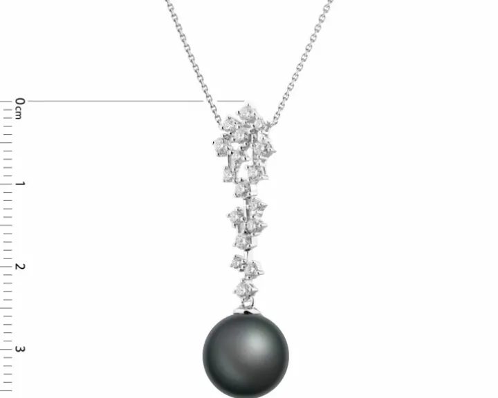 Naszyjnik z białego złota z brylantami i perłą Tahiti - próba 585