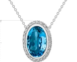 Naszyjnik z białego złota z brylantami i topazem London Blue - próba 585