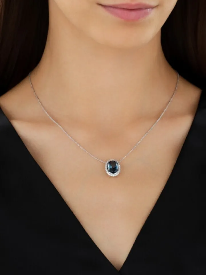 Naszyjnik z białego złota z brylantami i topazem London Blue - próba 585