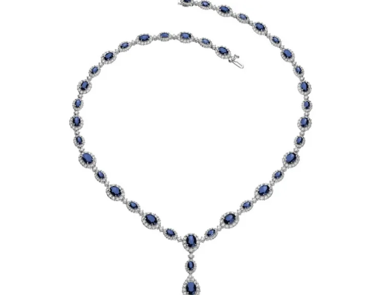 Naszyjnik z białego złota z brylantami i szafirami - próba 750