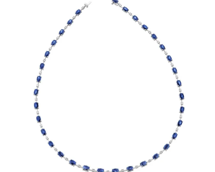 Naszyjnik z białego złota z brylantami i szafirami - 45 cm - próba 750