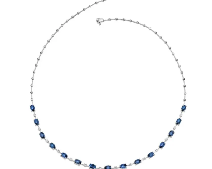 Naszyjnik z białego złota z brylantami i szafirami - 45 cm - próba 750