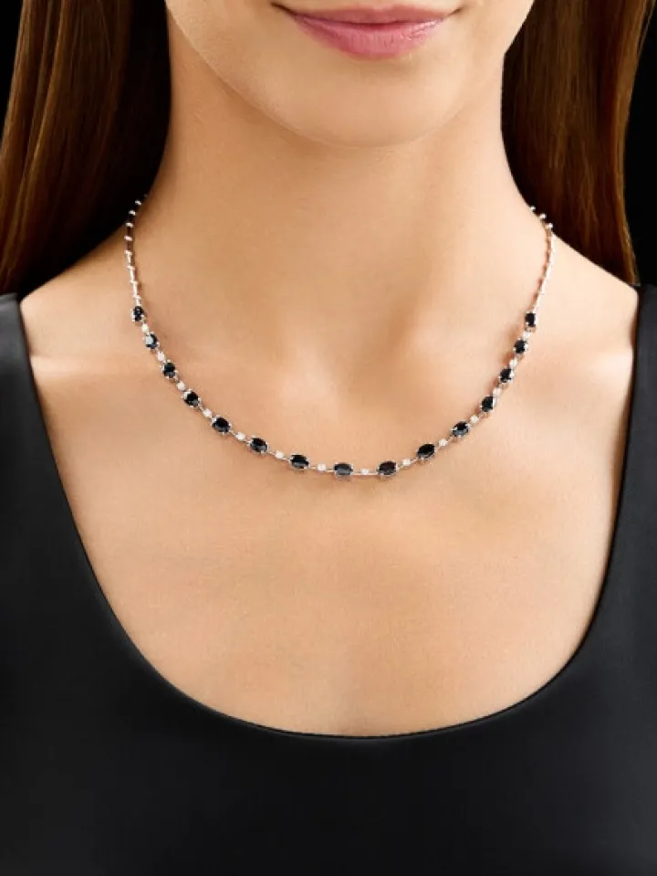 Naszyjnik z białego złota z brylantami i szafirami - 45 cm - próba 750