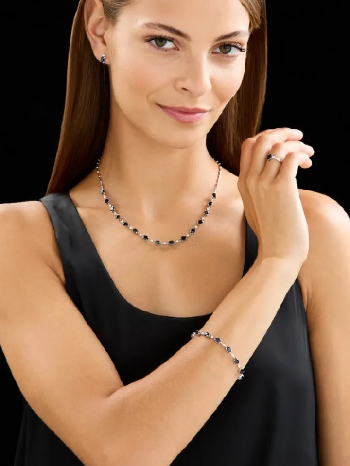 Naszyjnik z białego złota z brylantami i szafirami - 45 cm - próba 750