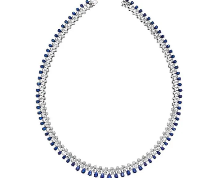 Naszyjnik z białego złota z brylantami i szafirami - próba 585