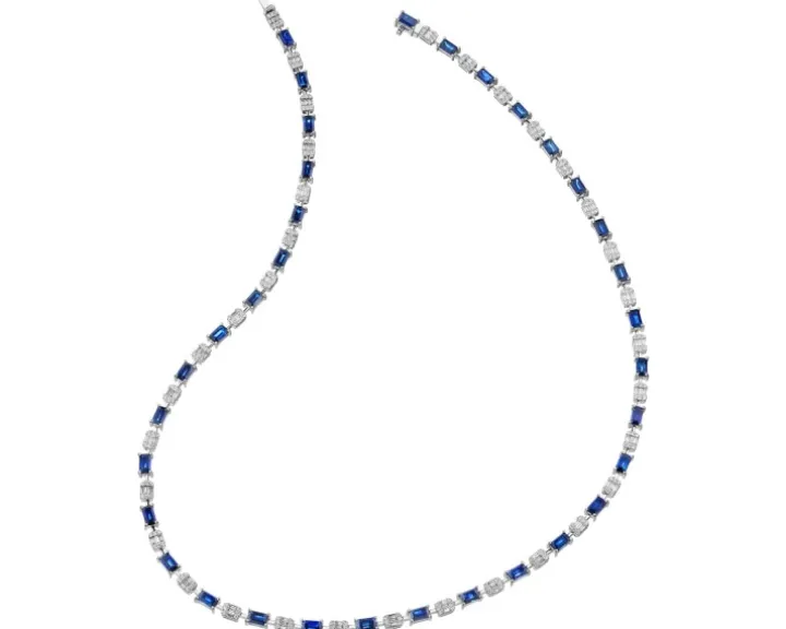 Naszyjnik z białego złota z diamentami i szafirami - 45 cm - próba 750