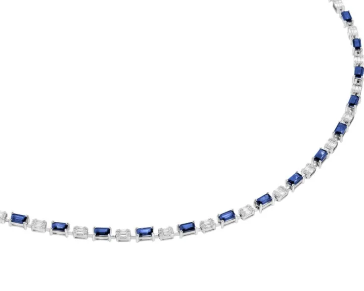 Naszyjnik z białego złota z diamentami i szafirami - 45 cm - próba 750