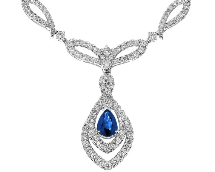 Naszyjnik z białego złota z brylantami i szafirem - 45 cm - próba 750