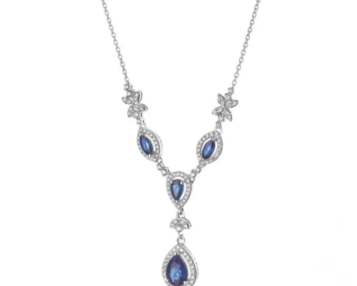 Naszyjnik z białego złota z diamentami i szafirami - próba 585