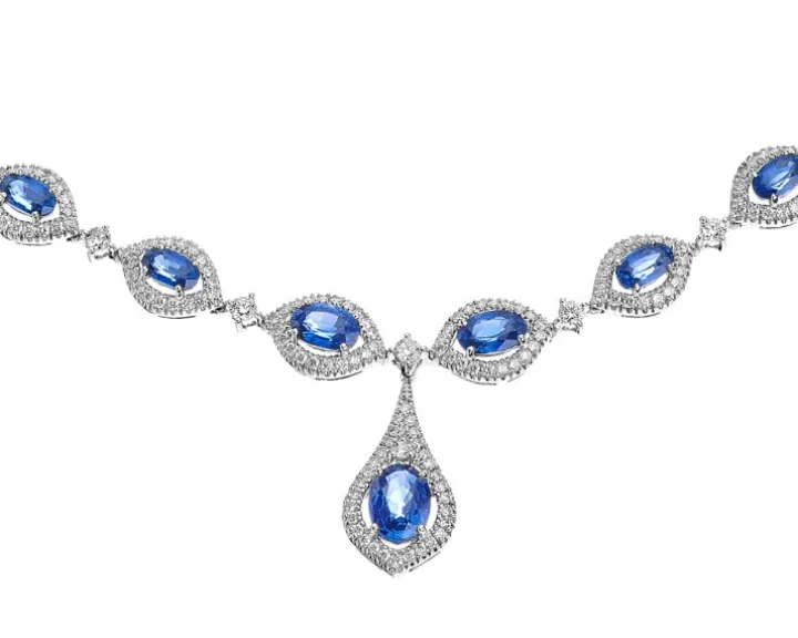 Naszyjnik z białego złota z brylantami i szafirami - próba 585
