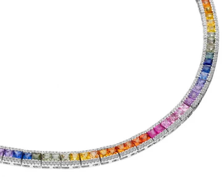 Naszyjnik z białego złota z brylantami i kolorowymi szafirami - 42 cm - próba 585
