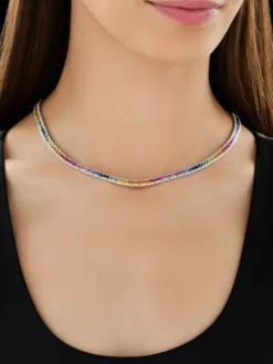 Naszyjnik z białego złota z brylantami i kolorowymi szafirami - 42 cm - próba 585