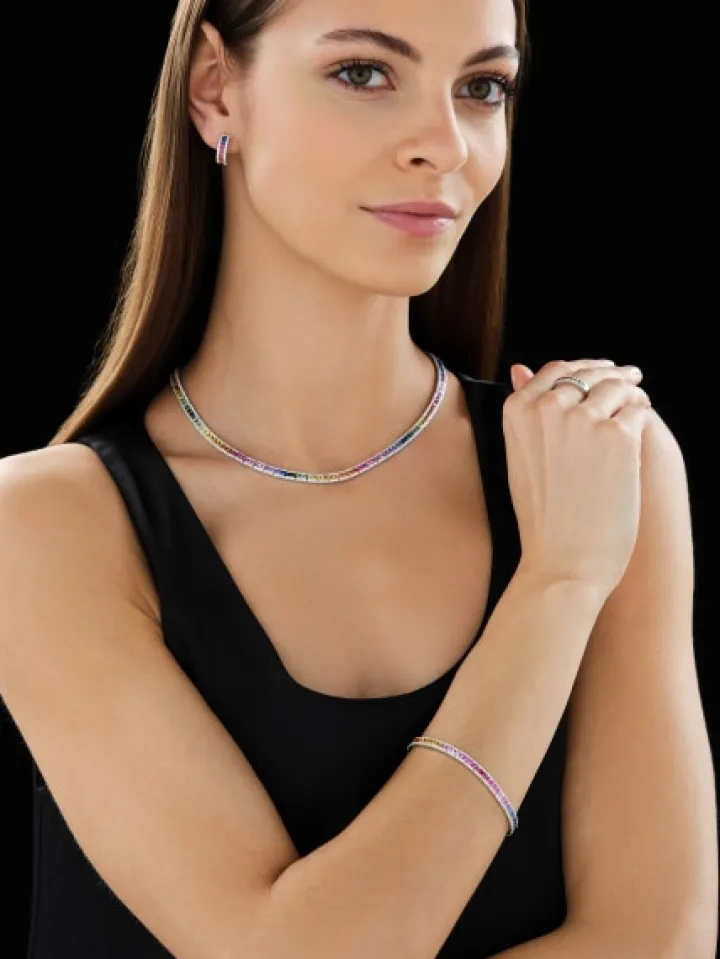 Naszyjnik z białego złota z brylantami i kolorowymi szafirami - 42 cm - próba 585