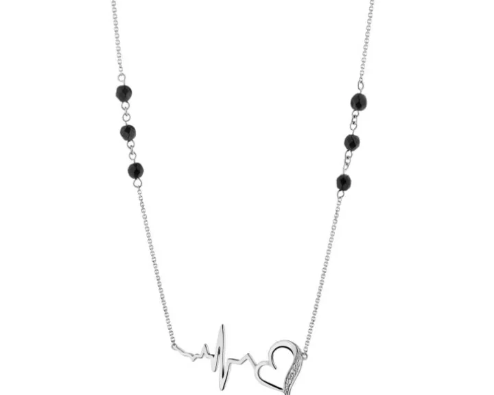 Naszyjnik z białego złota z diamentami i agatami - EKG serca - próba 585