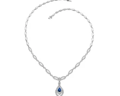Naszyjnik z białego złota z brylantami i szafirem - 43 cm - próba 750