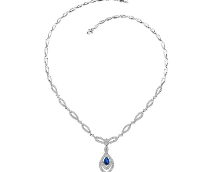Naszyjnik z białego złota z brylantami i szafirem - 43 cm - próba 750
