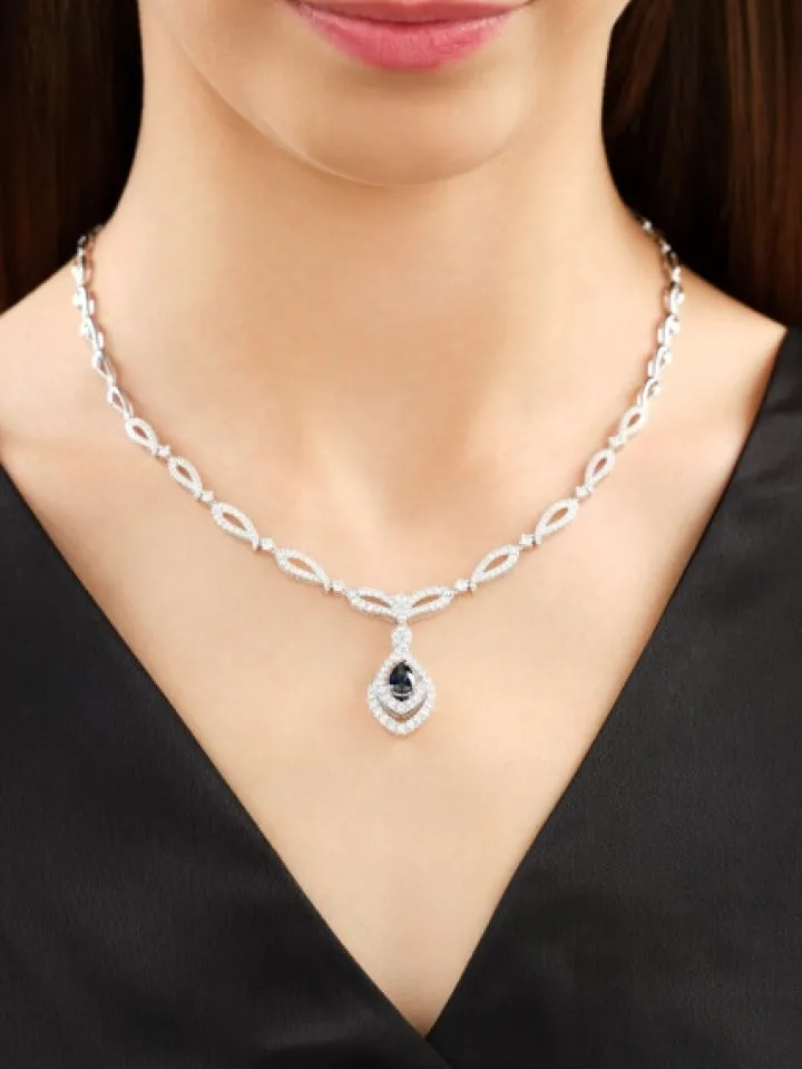 Naszyjnik z białego złota z brylantami i szafirem - 43 cm - próba 750