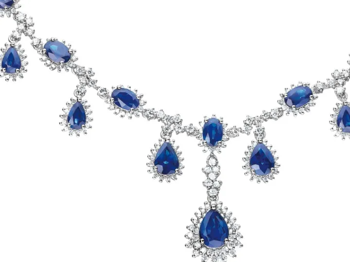 Naszyjnik z białego złota z brylantami i szafirami - próba 585