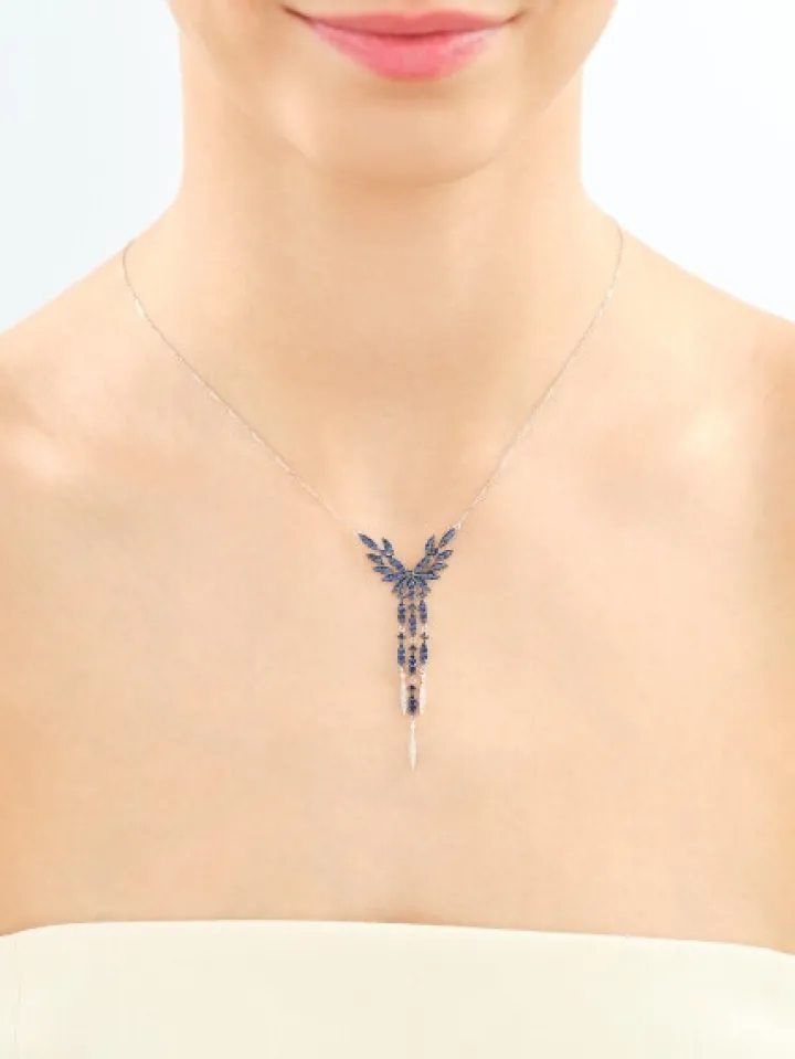 Naszyjnik z białego złota z diamentami i szafirami - próba 585