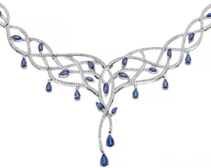 Naszyjnik z białego złota z brylantami i szafirami - próba 585