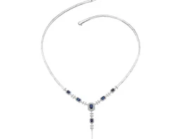 Naszyjnik z białego złota z diamentami i szafirami - 42 cm - próba 750