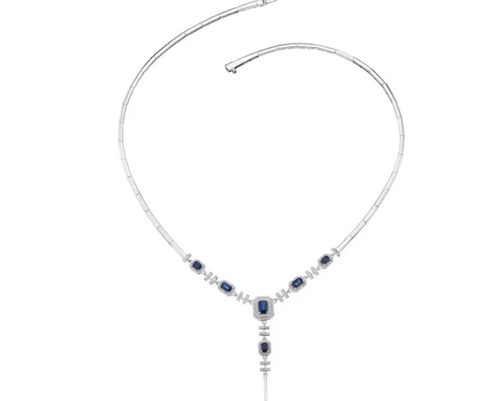 Naszyjnik z białego złota z diamentami i szafirami - 42 cm - próba 750