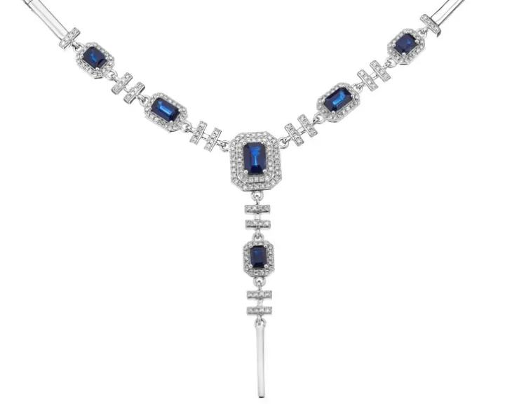 Naszyjnik z białego złota z diamentami i szafirami - 42 cm - próba 750