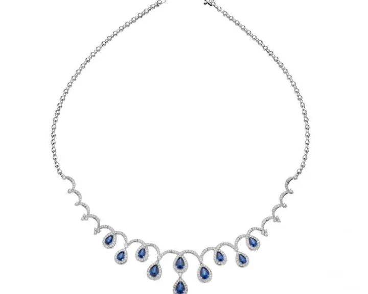 Naszyjnik z białego złota z brylantami i szafirami - próba 585