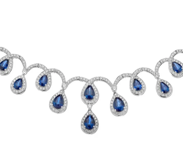 Naszyjnik z białego złota z brylantami i szafirami - próba 585