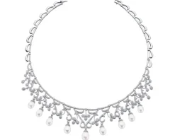 Naszyjnik z białego złota z brylantami i perłami - próba 750