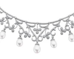 Naszyjnik z białego złota z brylantami i perłami - próba 750