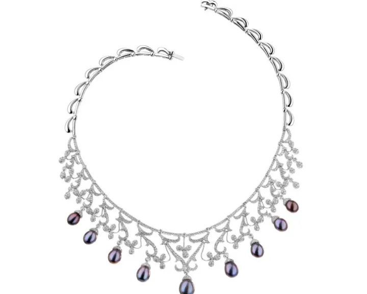 Naszyjnik z białego złota z diamentami i perłami - próba 750