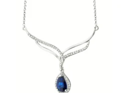 Naszyjnik z białego złota z diamentami i szafirem - próba 585