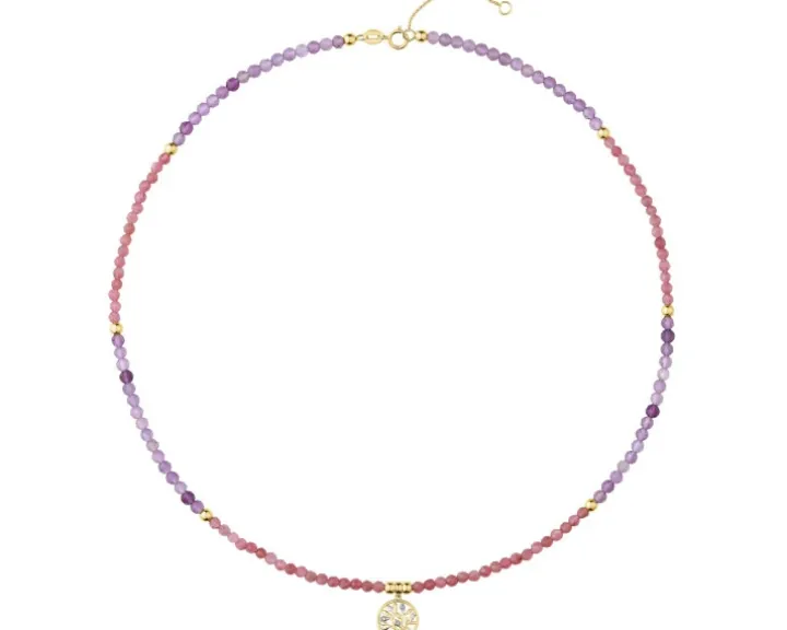 Naszyjnik z diamentami, ametystami, turmalinami i elementami żółtego złota - drzewko - próba 375