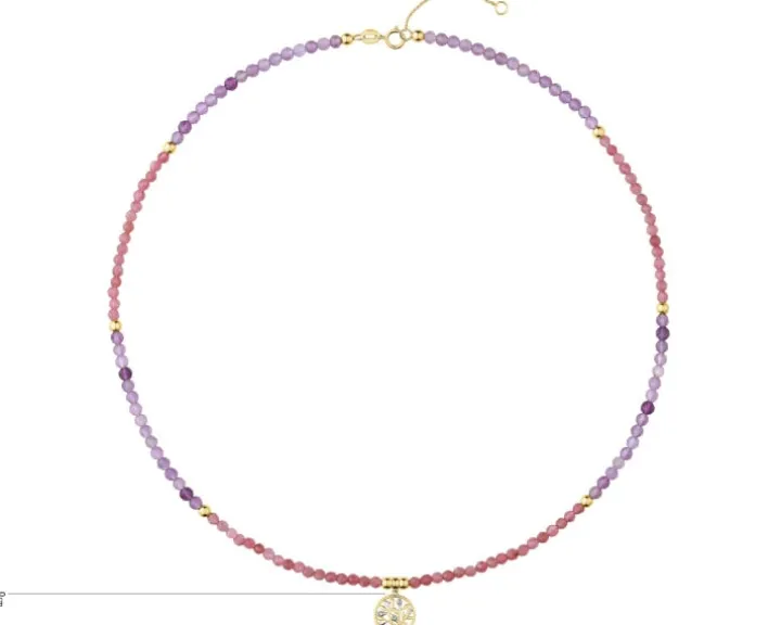 Naszyjnik z diamentami, ametystami, turmalinami i elementami żółtego złota - drzewko - próba 375