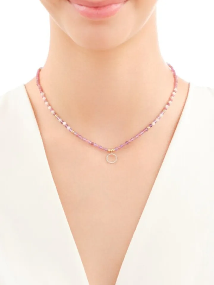 Naszyjnik z diamentami, ametystami, turmalinami, kryształami górskimi i elementami żółtego złota - koło - próba 585