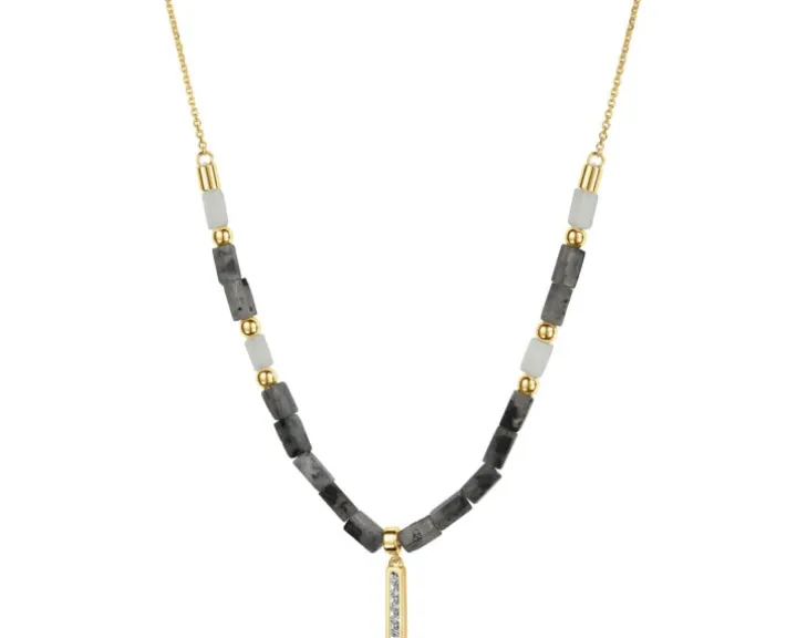 Naszyjnik z diamentami, labradorytami, kryształami górskimi i elementami żółtego złota - próba 375